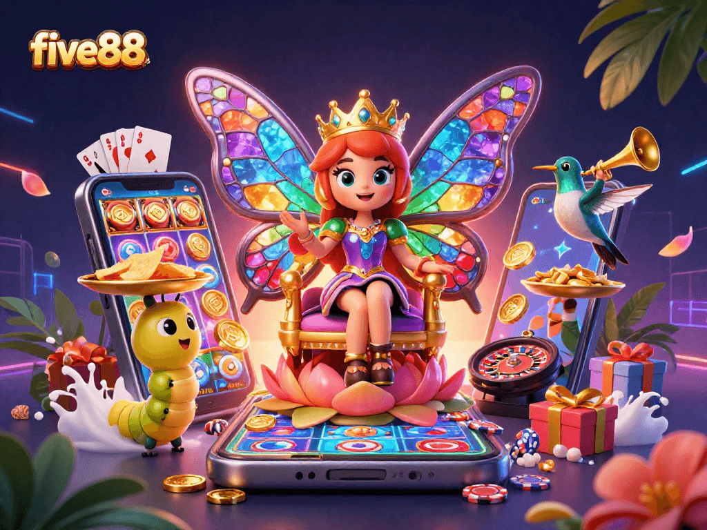 Experience excitement with five88's vivid online gaming scene, showcasing colorful slots and dynamic characters.