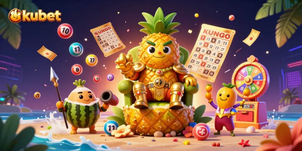 Kubet's vibrant beach casino illustration showcases dynamic characters in an energetic gambling scene.