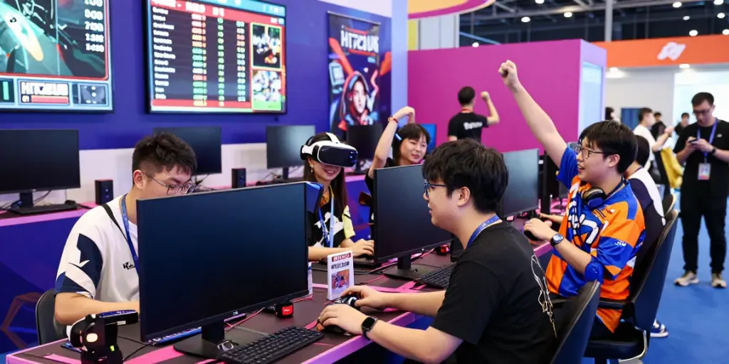 Gamers enjoying HITCLUB games at a lively convention, showcasing excitement and community.
