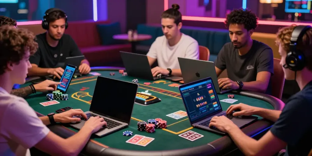 Players enjoying a lively gaming environment at a non UK casino.