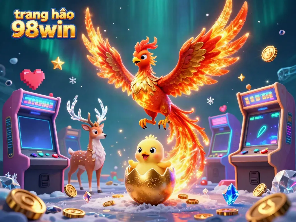 Experience the excitement at trang chủ 98win with a phoenix and a mystical stag amidst dazzling casino elements.