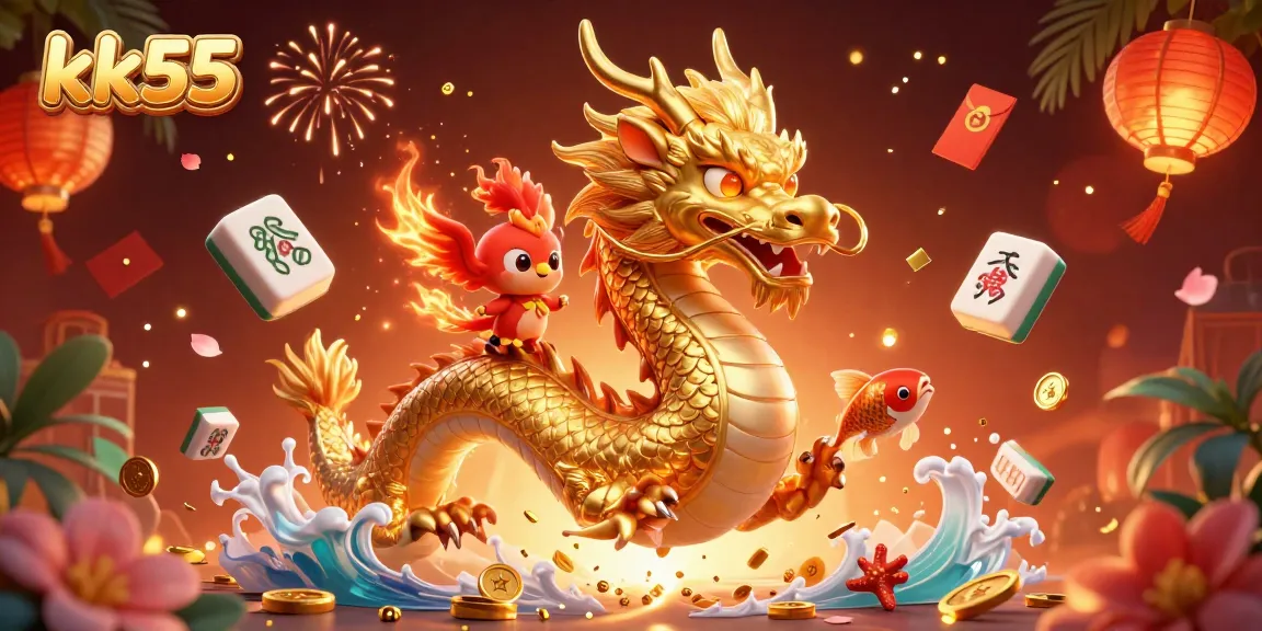 Feel the excitement with kk55 as the golden dragon and red phoenix soar amidst thrilling game elements and festive coins.