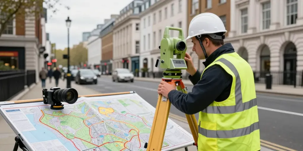 Topographical Surveyors London measuring land contours in urban setting
