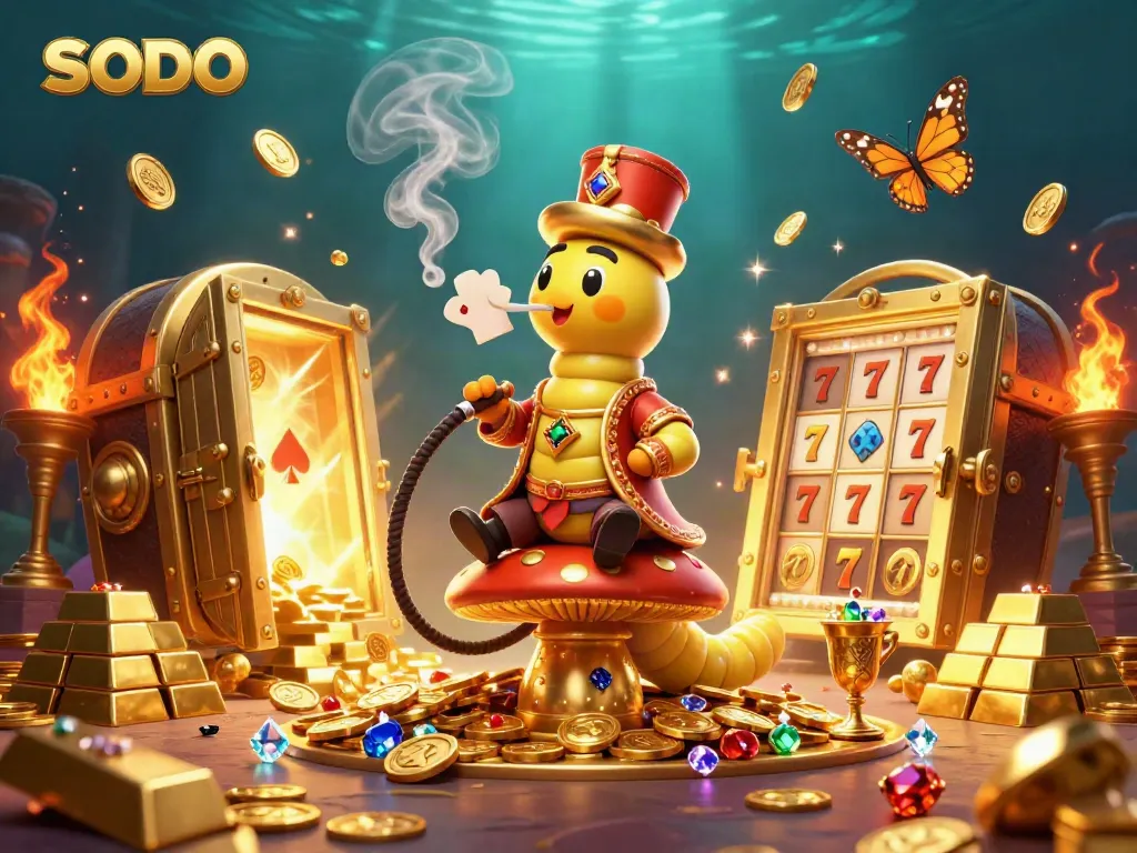 Experience excitement in SODO casino with a vibrant caterpillar master in a breathtaking, jewel-filled scene.