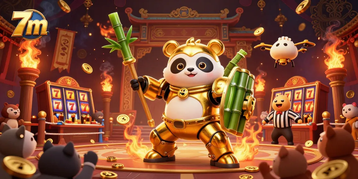 7m casino illustration with a golden panda and bamboo robot amidst coins and slot machines.