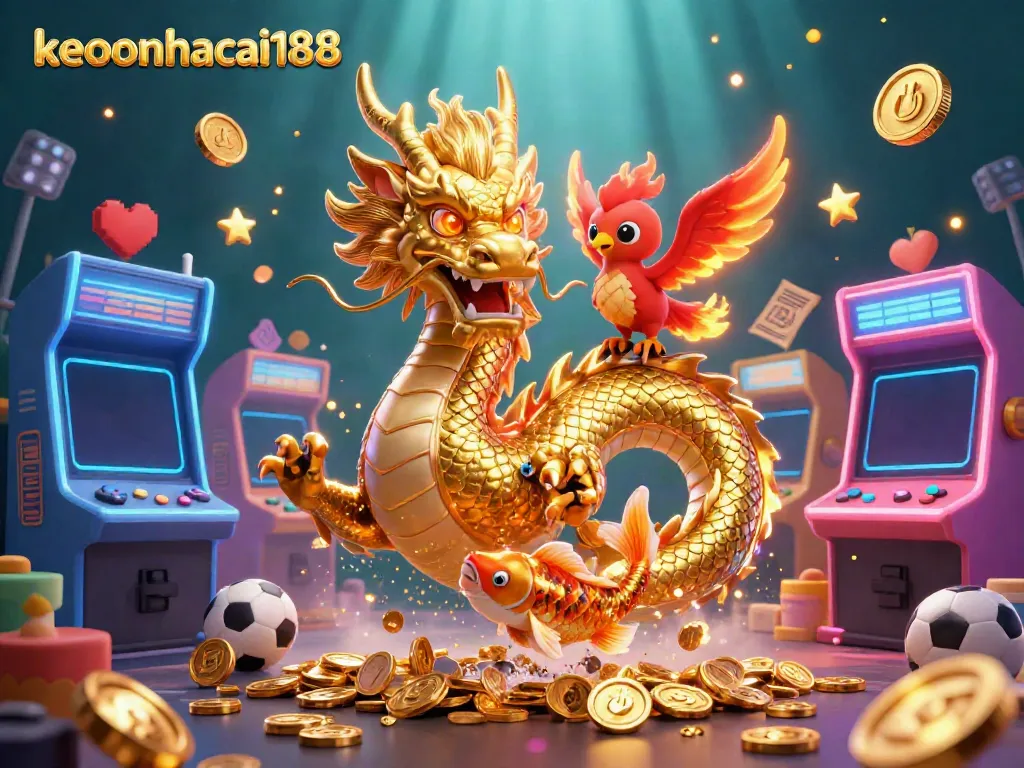 Engage with keonhacai188 through a vibrant 3D casino scene featuring a golden dragon, phoenix, and koi amidst betting elements.