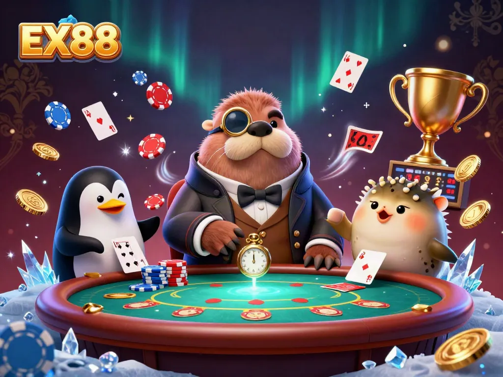 Experience exciting poker hands at EX88 with a jolly walrus dealer and dynamic casino action.