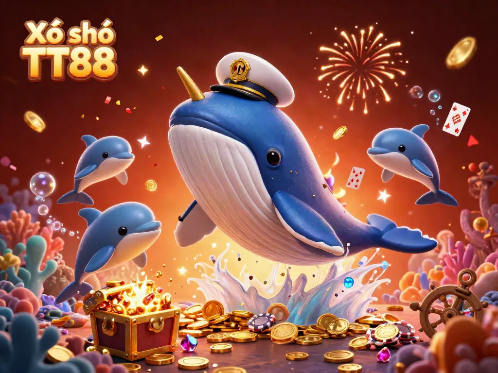 Engage in the thrill of Xổ số TT88 with vibrant 3D illustration showcasing a captain whale, narwhal, and dolphins amidst a treasure of coins.