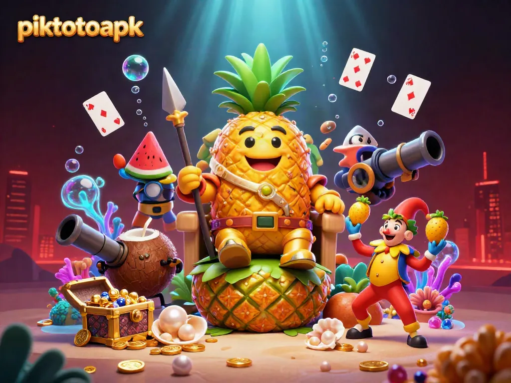 Engage in piktotoapk online casino fun with a vibrant 3D scene of a pineapple king and his casino entourage, capturing excitement and richness.