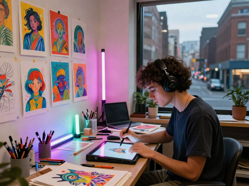 Creating NSFW AI-generated art in a vibrant urban studio setting