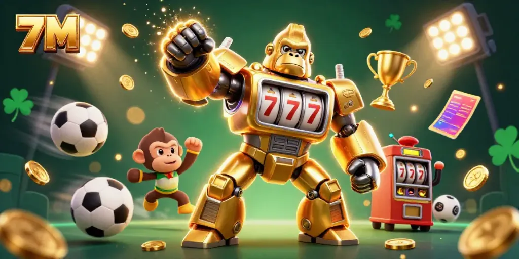 Engaging 7M illustration showcasing a golden gorilla mech among dynamic sports elements and vibrant casino themes.
