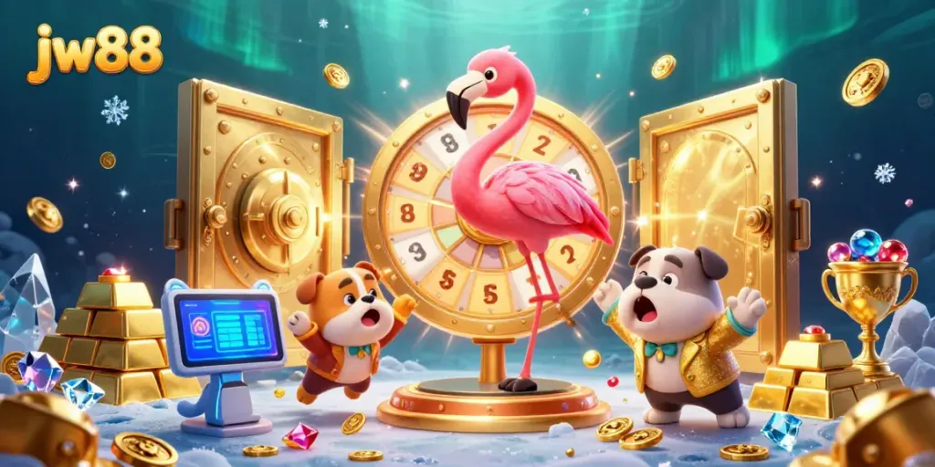 Experience thrilling gaming at jw88 with a dynamic casino scene featuring lively characters and dazzling treasures.