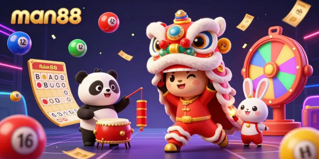 Experience the vibrant energy of man88 with a festive lion dance and lottery elements in a captivating casino scene.