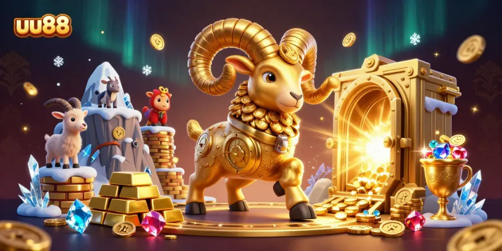 Engage with the thrill of uu88 as the golden ram charges towards a treasure vault, amidst dazzling gems.
