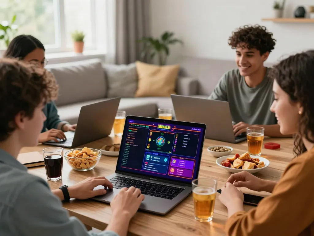 Friends enjoying games at a non UK casino in a cozy living room