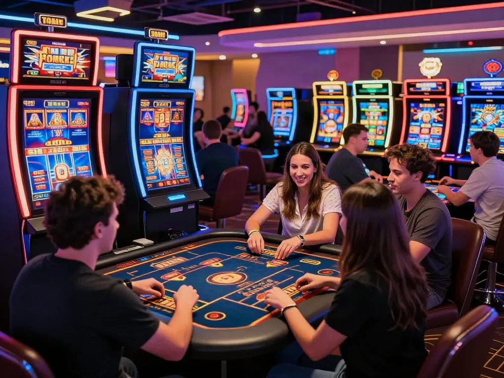 Engaging scene of players at a non uk casino enjoying fast payouts and various games in a vibrant atmosphere.