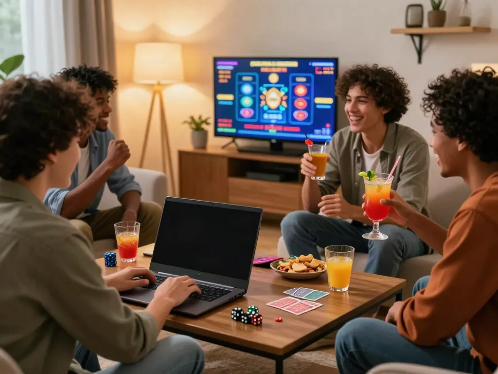 Friends enjoying a virtual casino night at home, exploring non UK casino games.