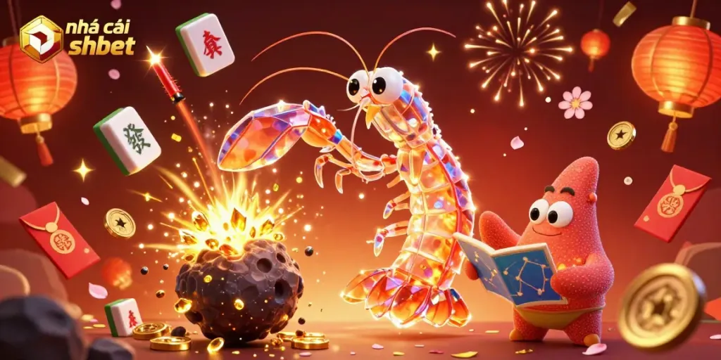 Experience excitement at nhà cái shbet as a mantis shrimp bursts through a treasure-filled asteroid in a vibrant casino scene.