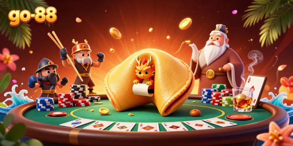Experience exciting winnings at go-88 with this vibrant fortune cookie scene filled with poker elements.