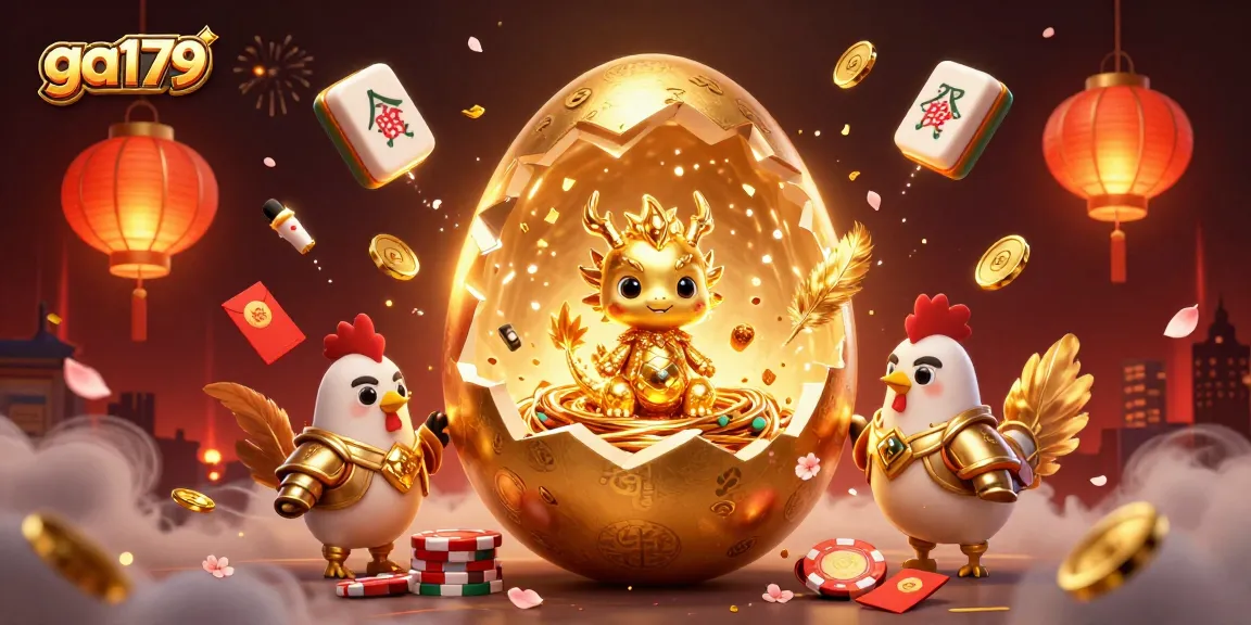 Experience the excitement of ga179's online gambling with a golden dragon, poker chips, and festive decorations.