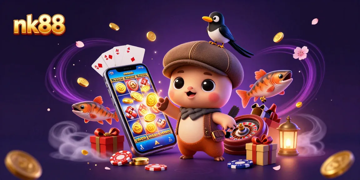Engage with nk88's exciting slots and games featuring a playful Nessie and vibrant casino elements.