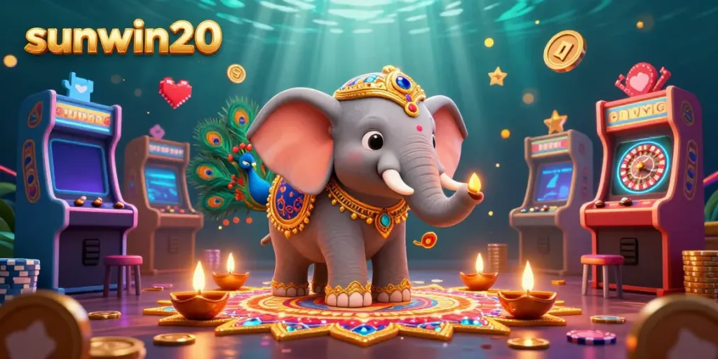 Experience the excitement at sunwin20 with vibrant casino-themed 3D illustration featuring games and iconic characters.