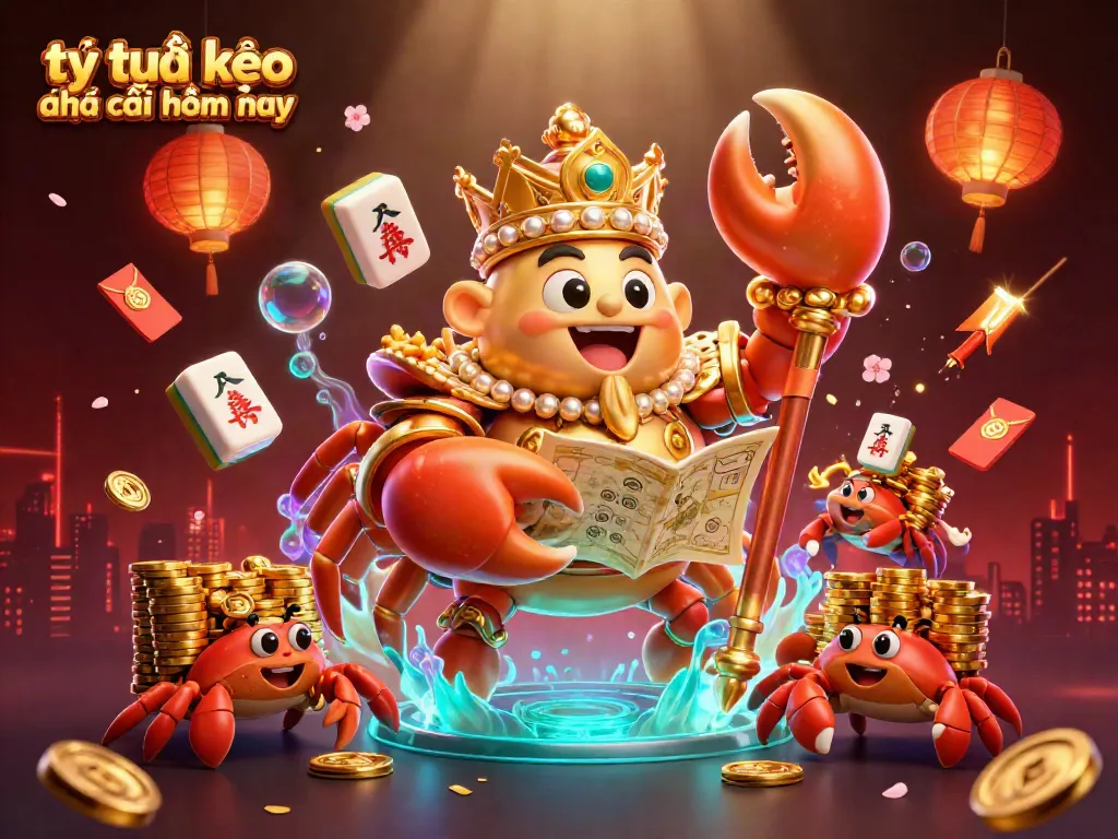 Tỷ lệ kèo nhà cái hôm nay showcased in an energetic casino-themed 3D illustration featuring a golden crab emperor.