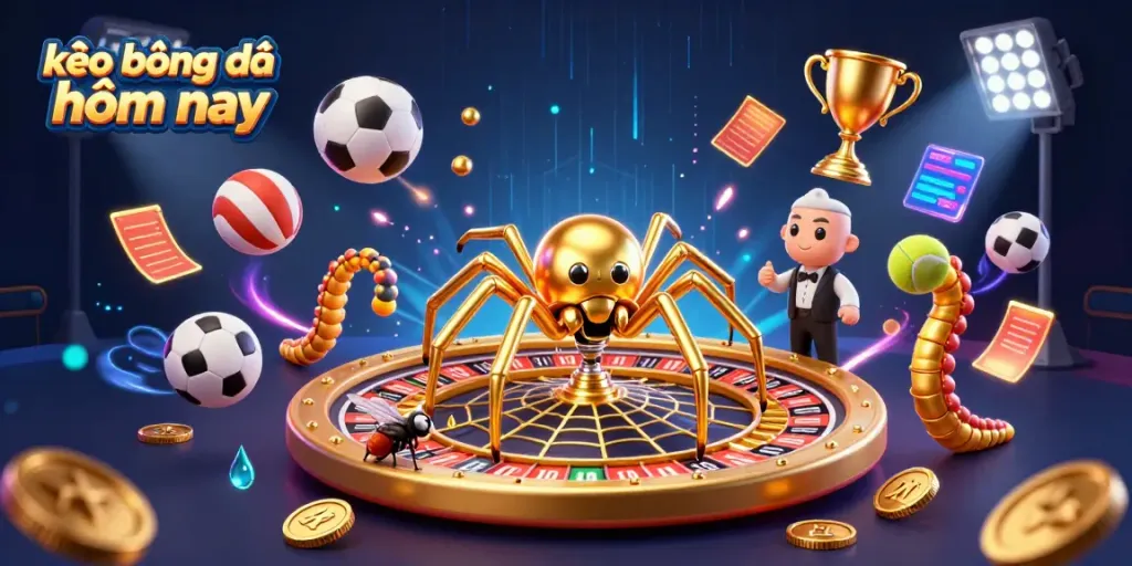 Bet on kèo bóng đá hôm nay with 3D digital casino characters surrounded by dynamic sports elements.