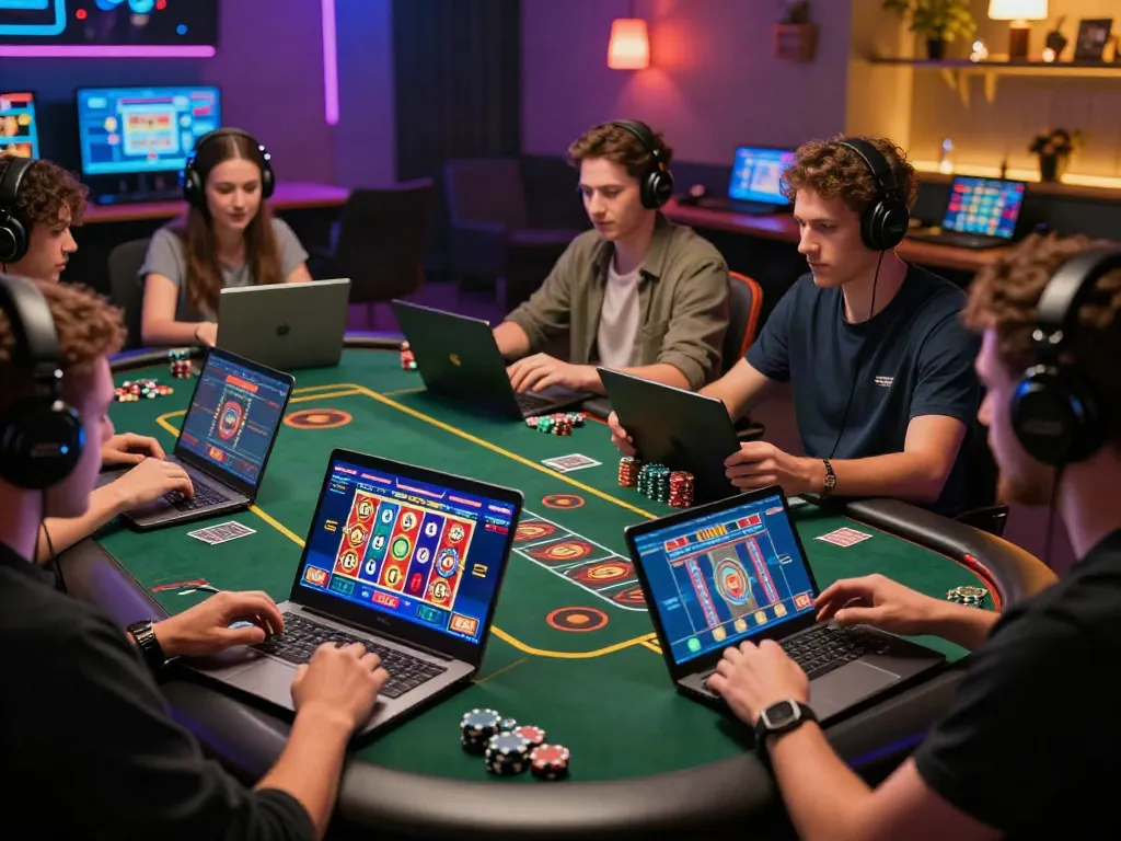 Players enjoying live games at a non UK casino in a lively gaming room.