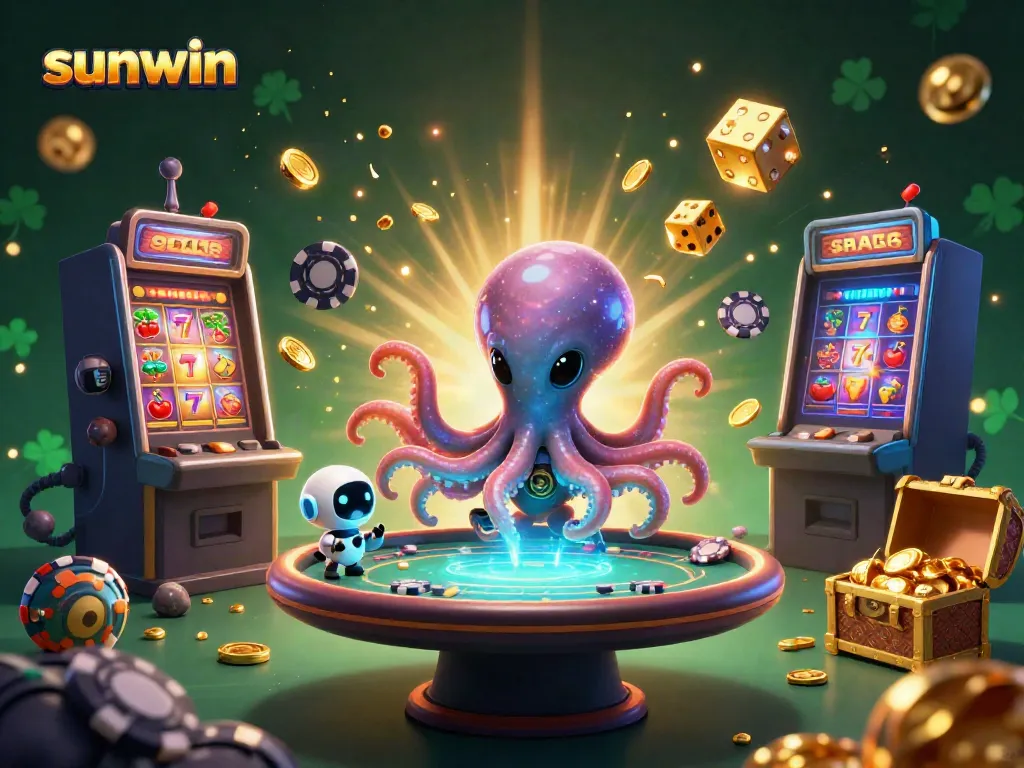 Sunwin features an alien octopus and robot at a holographic poker table amidst vibrant casino elements.