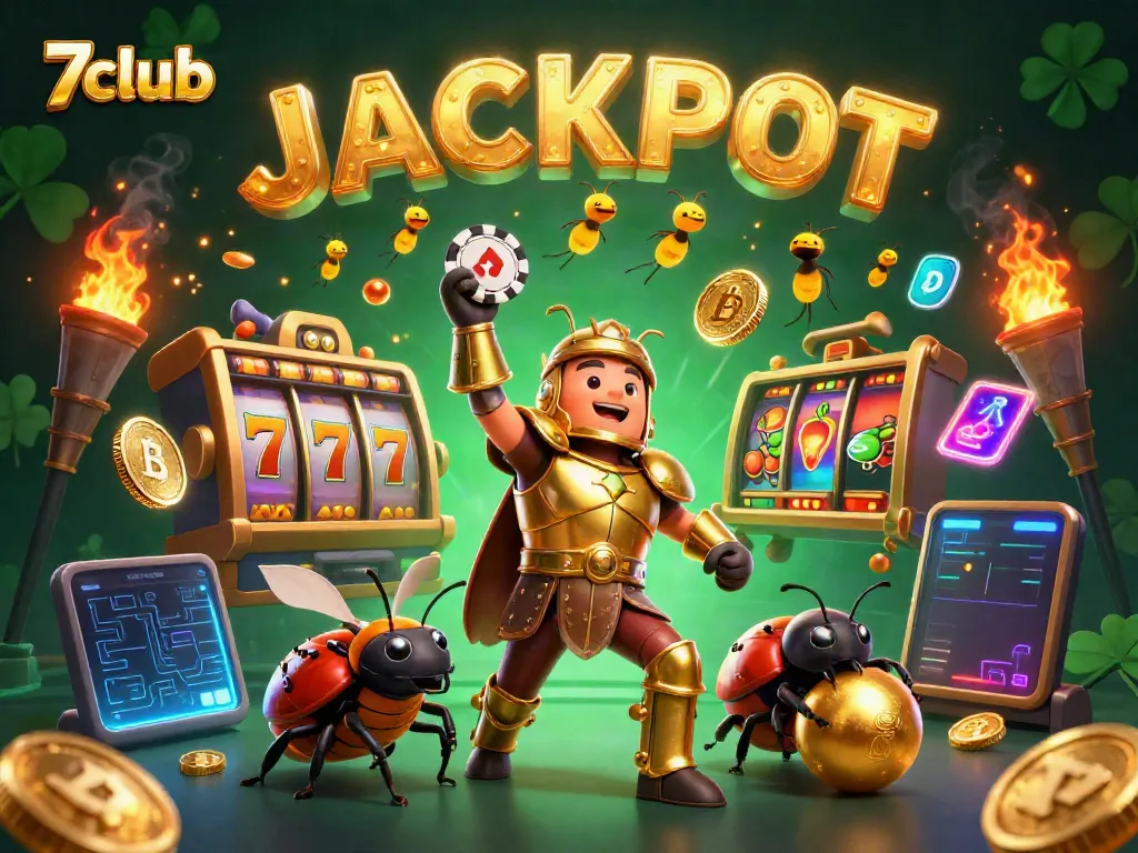 Engage with the vibrant 7club scene, where a heroic beetle celebrates a jackpot in the casino.