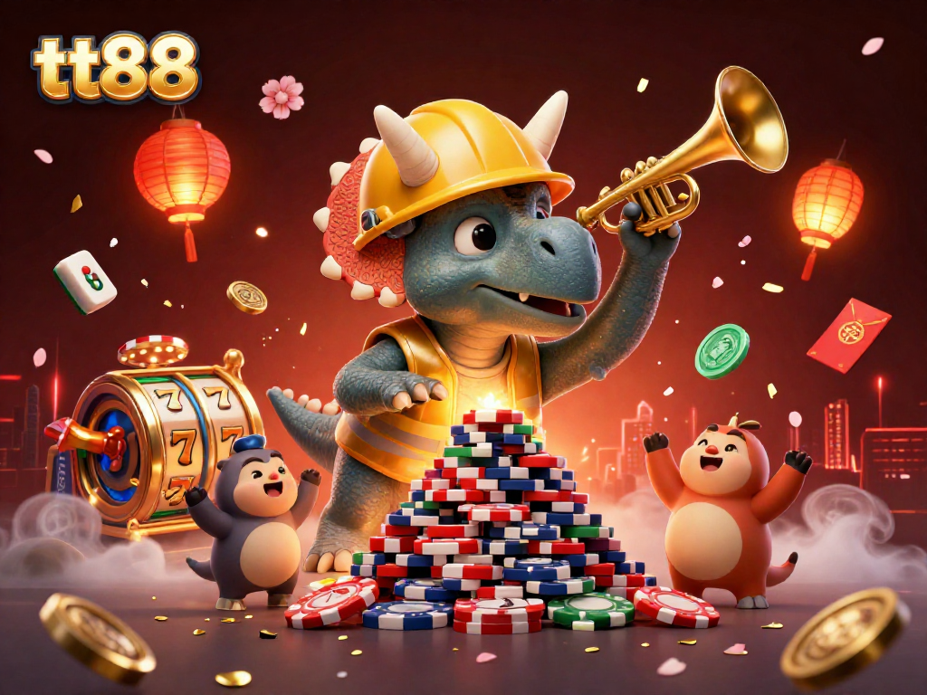 Engage with tt88 through a festive 3D casino celebration featuring triceratops and vibrant game elements.
