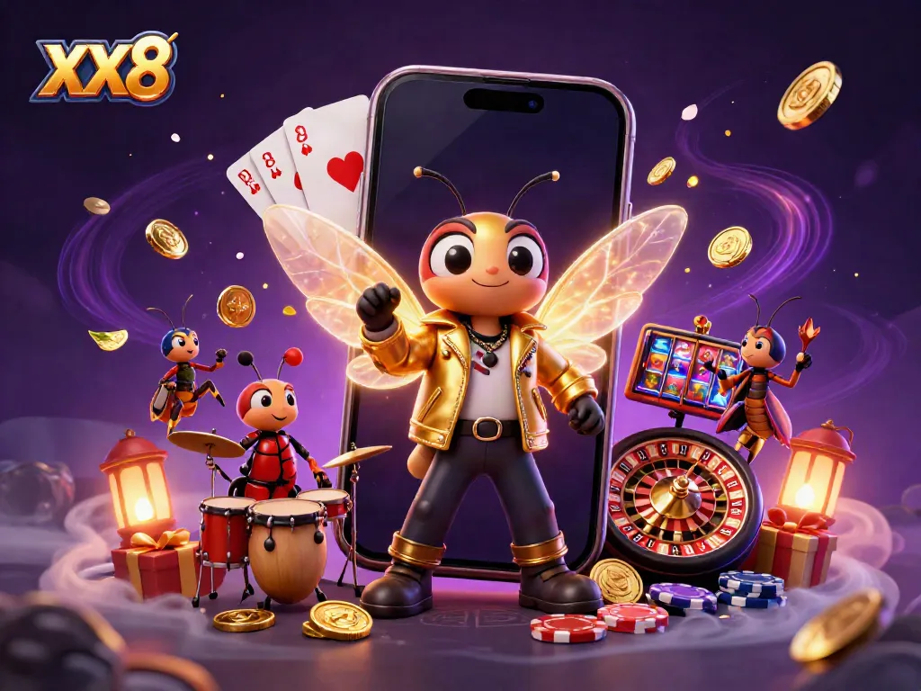 Experience winning thrills with XX8 slot games in a vibrant casino-themed illustration.