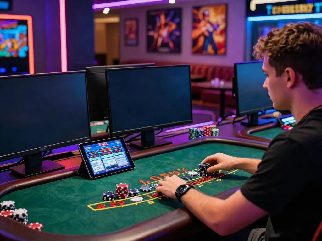Engaging non UK casino setup with a player at a live dealer table, vibrant gaming atmosphere.