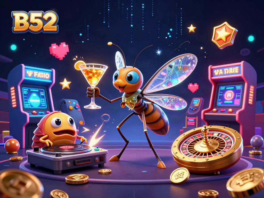 B52 casino mascot character holds a golden cocktail amidst vibrant gaming elements.