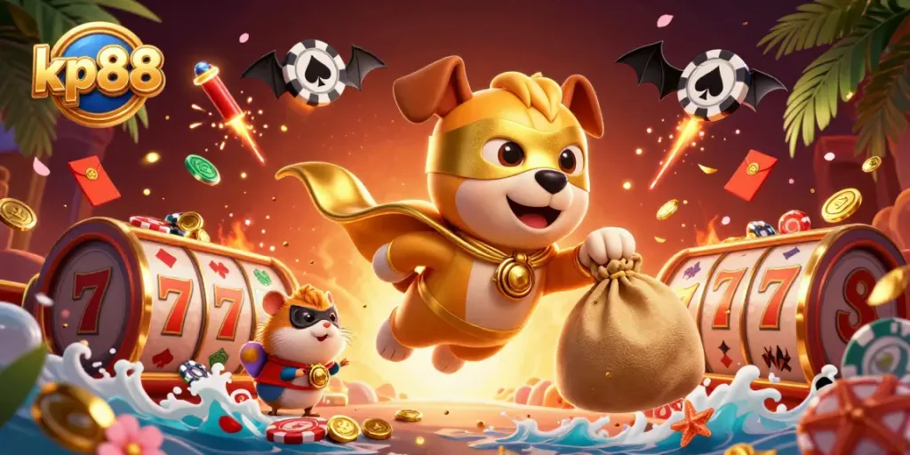 Engage with kp88's vibrant casino scene featuring a superhero dog and hamster amidst gold coins and festive elements.
