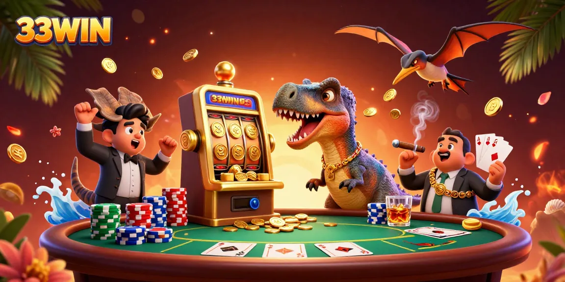 33WIN features a whimsical scene of a dinosaur winning coins and a panicked casino manager amidst poker excitement.