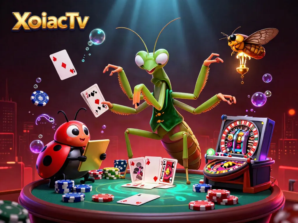 XoilacTv showcases a vibrant 3D illustration of a praying mantis dealing cards amidst a dynamic casino scene.