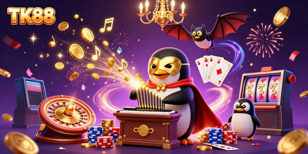 Experience thrilling gaming with TK88 featuring a cartoon penguin playing a golden pipe organ in an energetic casino scene.