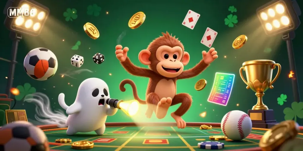 Experience dynamic gaming action with MM88 as a playful poltergeist monkey and a curious puppy navigate a haunted casino.
