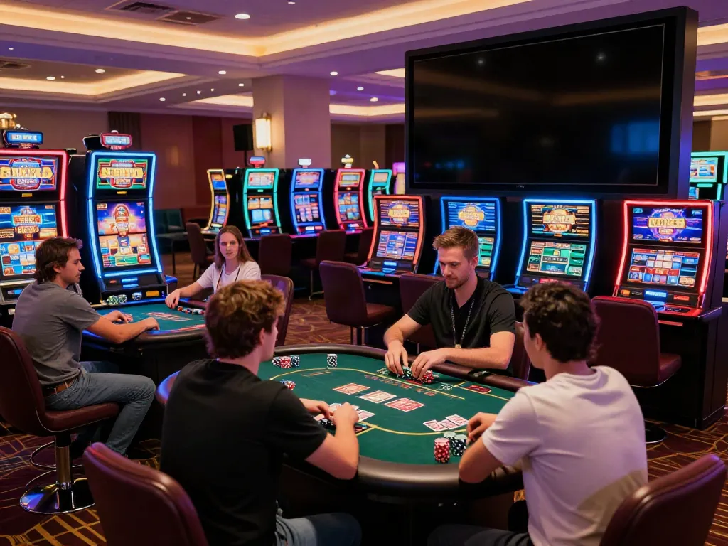 Exciting gaming scene at a vibrant non UK casino with diverse players and colorful decor.