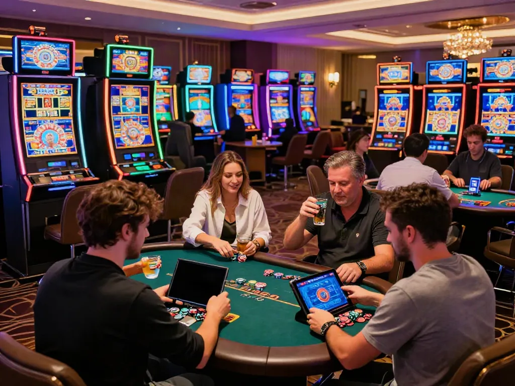 Exciting scene of players enjoying diverse non UK casino games in a vibrant casino environment.