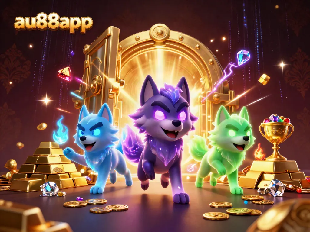 Engage with vibrant casino treasures featuring au88app's glowing wolf leader and treasure-filled atmosphere.