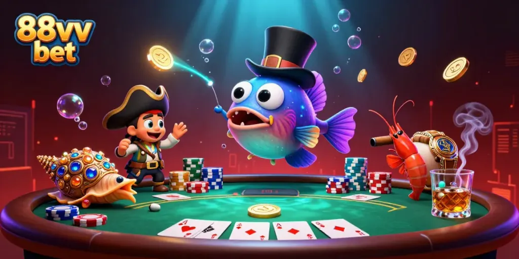 Experience immersive 88vv bet gameplay with vibrant underwater creatures in a casino setting.
