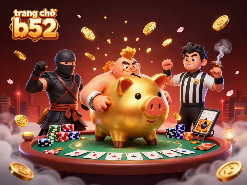 Engage in thrilling gameplay at trang chủ b52 with a lively golden piggy bank sumo wrestler and poker action.