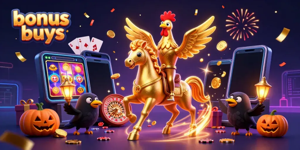 Engage with exciting bonus buys in a vibrant casino scene with golden rooster and magical companions.