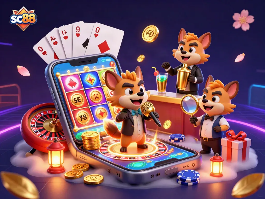 Engage with sc88's vibrant comedy casino scene featuring hyenas, slot games, and rich details.