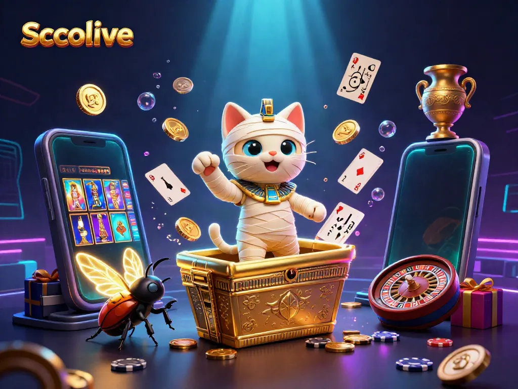 Socolive showcases a thrilling Egyptian-themed gaming scene with a mummy cat, golden sarcophagus, and dynamic slot games.