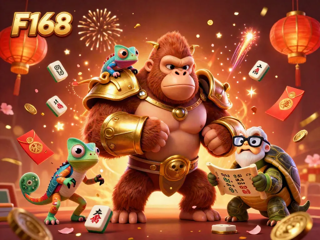 Experience the excitement of F168 gaming with a dynamic 3D illustration featuring vibrant gambling elements.