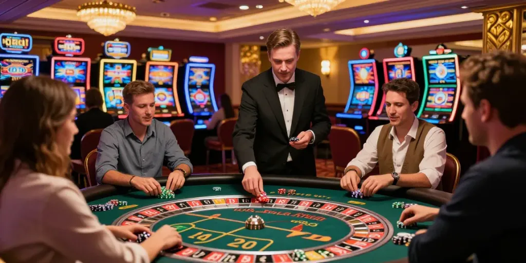 Guests enjoying gaming excitement at a lively non UK casino.